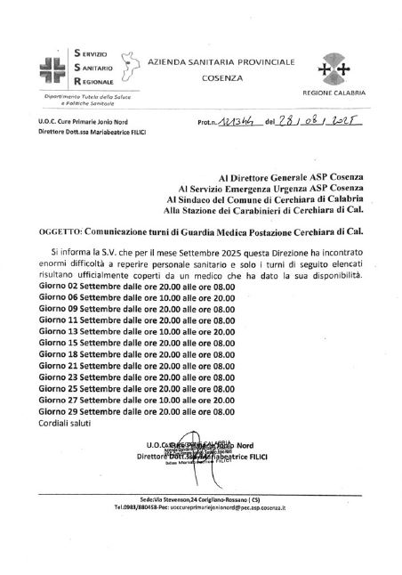 Avviso ai cittadini - Servizio di Guardia Medica - Settembre 2025